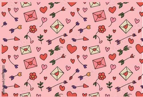 Seamless Valentine's Day pattern with hand-drawn love letters, hearts, arrows, and flowers on pink background.