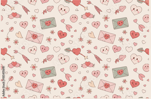 Seamless Valentine's Day pattern with cute smiling hearts, love letters, arrows, and flowers in kawaii doodle style.