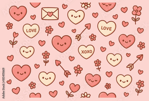 Cute Valentine's Day seamless pattern with smiling heart characters, kawaii love letters, flowers, and arrows on pastel background