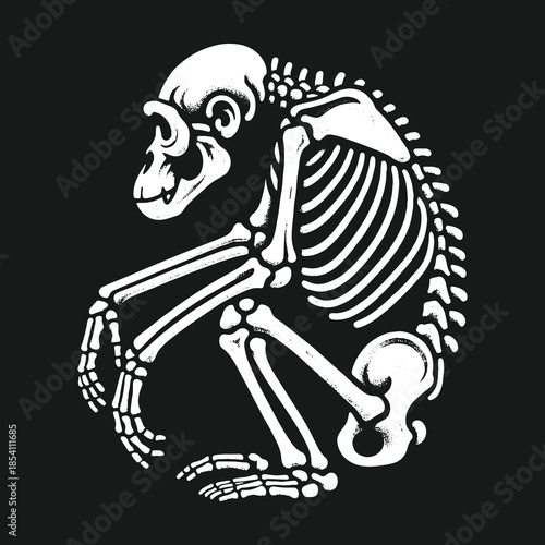 Primate skeleton illustration in a circular pose on black background.