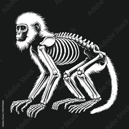 Monochrome monkey anatomy with visible skeletal structure.