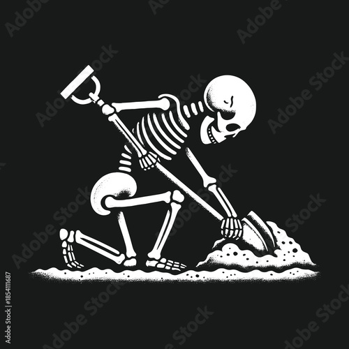 Monochrome cartoon skeleton digging a hole with a shovel.