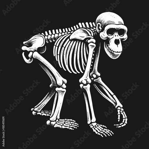 Anatomical scientific illustration of a chimpanzee skeleton.