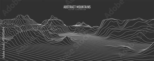 Contour mountain landscape. Waved line art. Abstract minimal topographic map. Contour lines with elevations and terrain depth. Vector illustration.