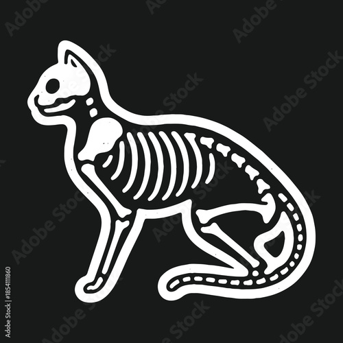 Stylized white cat skeleton graphic on a solid black background.