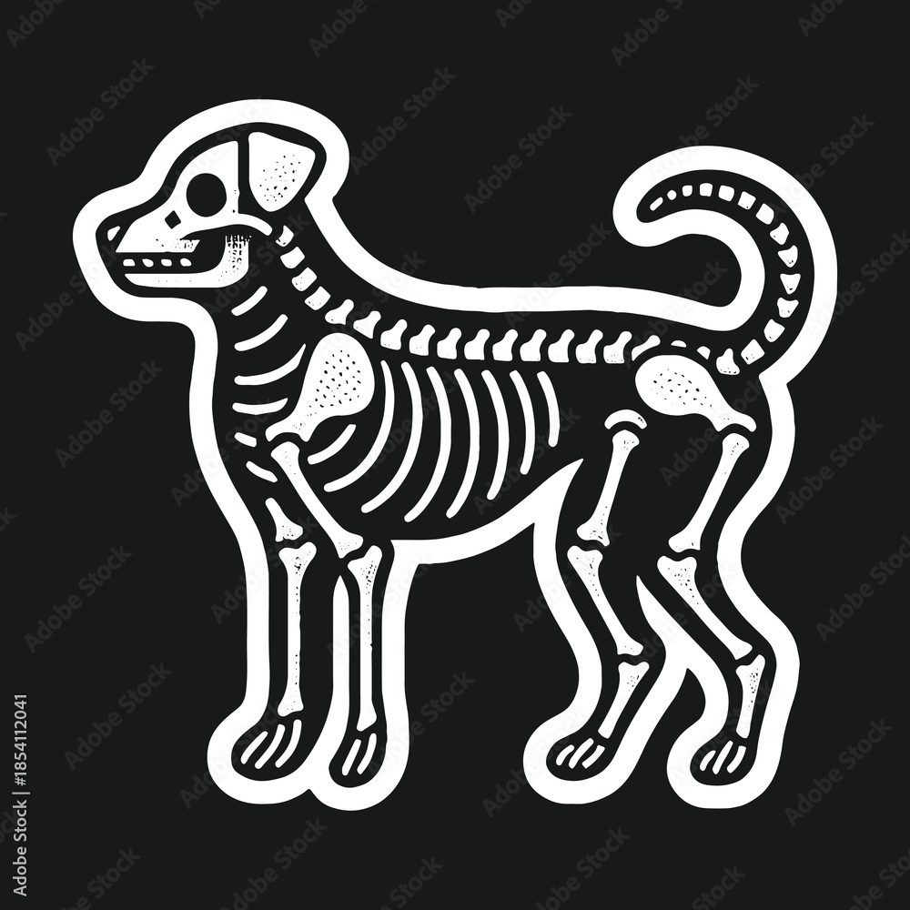 Fototapeta premium Monochrome vector illustration of a dog skeleton sticker on a black background.