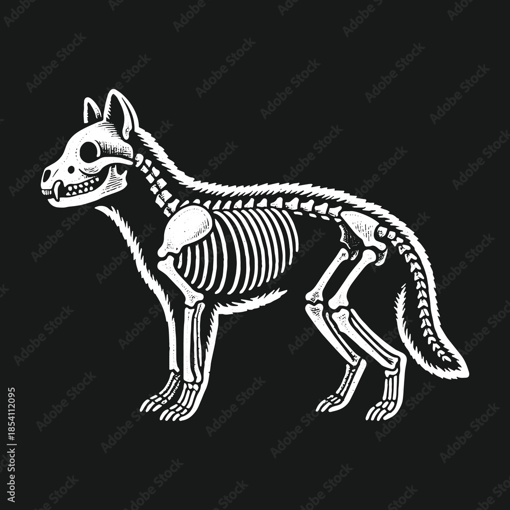 Obraz premium Vintage monochrome illustration of a wolf skeleton anatomy.