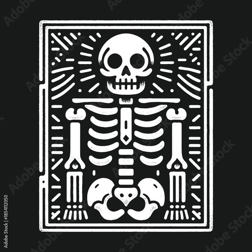 Stylized human skeleton illustration in a decorative frame.