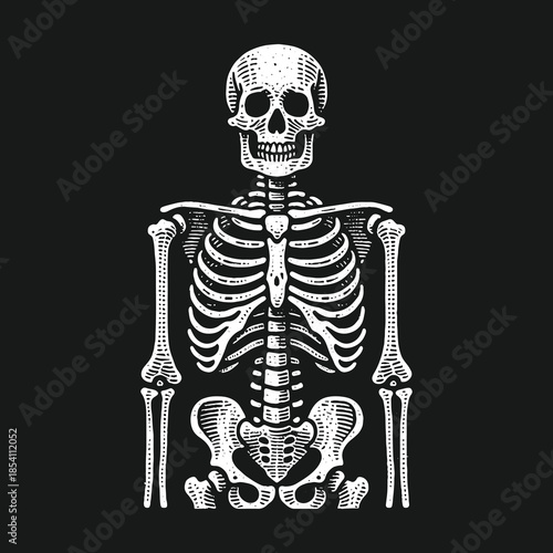 Engraved style human skeleton upper body on black background.