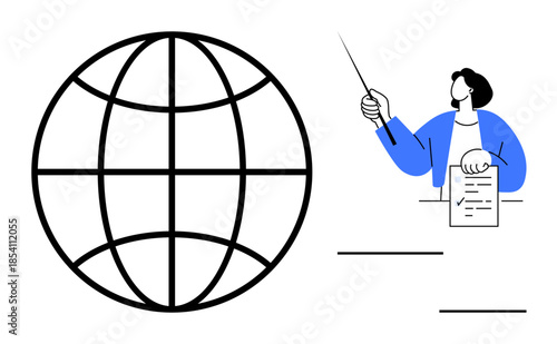 Globe wireframe beside a teacher holding a document and pointing with a stick. Ideal for education, global studies, training, geography, presentation, learning, and communication themes. Simple flat