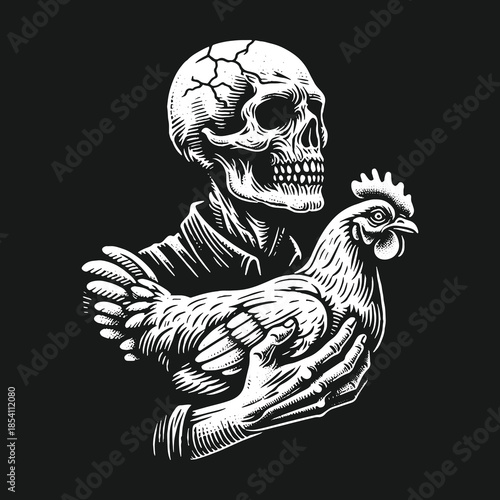 Monochrome vintage illustration of a skeleton holding a chicken.