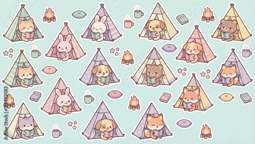 Adorable Cartoon Animal Camping Adventure Seamless Pattern with Cute Characters