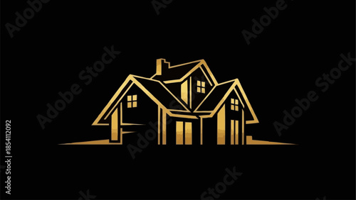 Golden House Icon on Black Background.