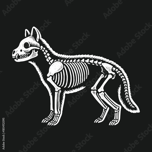 Vintage monochrome illustration of a wolf skeleton anatomy.