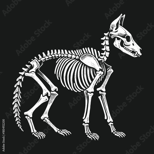 Detailed anatomical illustration of a canine dog skeleton.