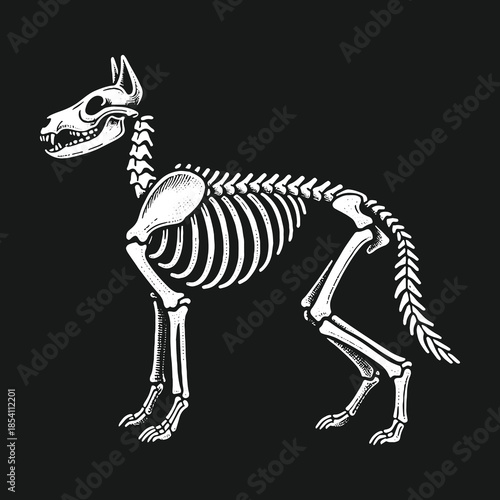 Canine skeletal system anatomical vector illustration on black background.