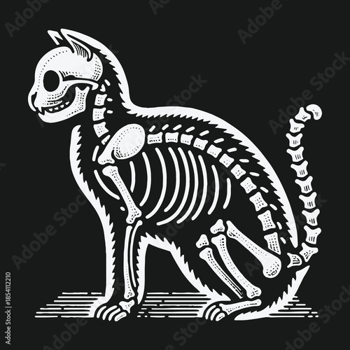 Vintage engraving style black and white cat skeleton illustration.