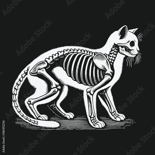 Vintage Engraving Style Cat Anatomy with Visible Skeleton.