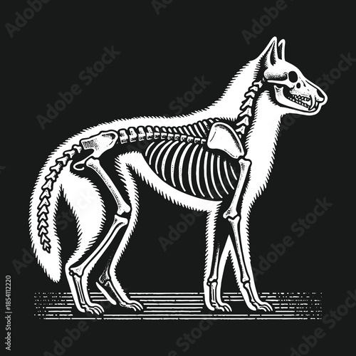 Vintage scientific illustration of a wolf with visible skeleton.