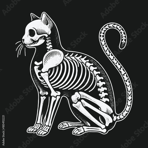 Vintage Engraving Style Illustration of a Cat Skeleton Anatomy.