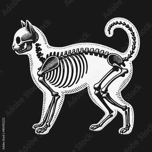 Vintage engraving style illustration of a cat skeleton anatomy.