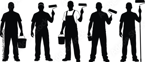 Painter worker silhouettes set featuring decorators holding rollers and paint buckets for building renovation and industrial design projects