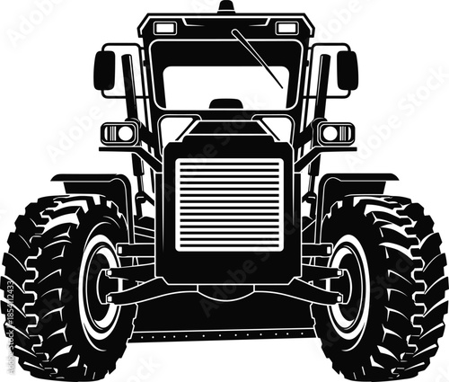 Front view tractor silhouette illustration featuring powerful agricultural machinery vehicle for farming, industrial transport and engineering design projects