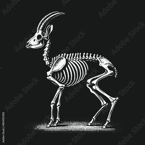 Detailed anatomical illustration of a goat skeleton on black background.