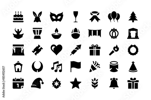 Party and celebration solid icons for web and mobile designs | Birthday, bunny, mask, champagne, ribbon, balloons, tree.