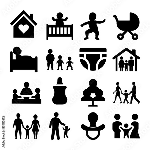 Family and baby solid icons for web and mobile designs |  home, crib, baby, stroller, bed, kids, diaper, family.