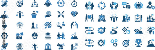 Comprehensive collection of dark blue business and success concept icons representing various strategies goals teamwork and professional achievement in a grid layout.
