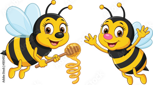 Cute cartoon honey bees flying together holding honey dipper isolated on white background kids illustration mascot vector art