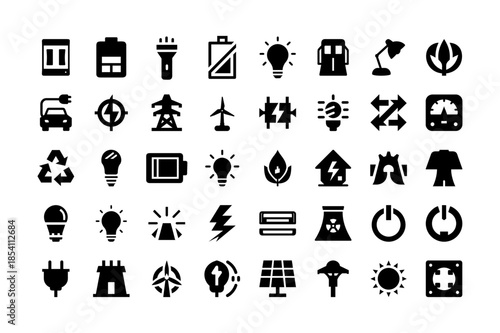 Energy and power solid icons for web and mobile designs | Pause, battery, flashlight, charging, bulb, gas.