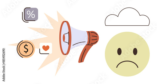 Loudspeaker emitting price percentage, currency, and heart symbols toward a sad face below a cloud. Ideal for marketing, advertising, customer response, communication, finance, emotions simple flat