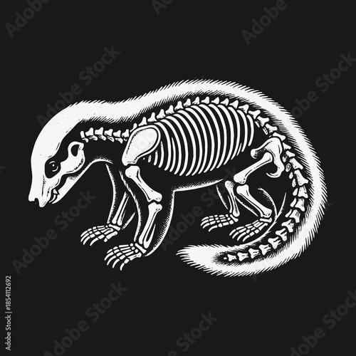 Detailed skunk skeleton anatomy vector illustration on black background.
