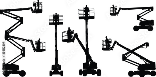 Aerial work platform silhouettes set featuring scissor lifts and boom lifts with operators for industrial maintenance and construction design projects
