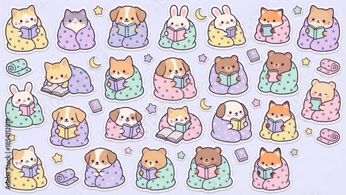 Charming collection of cute cartoon animals, including puppies, kittens, bunnies, bears, and foxes, comfortably wrapped in colorful blankets, engrossed in reading delightful stories