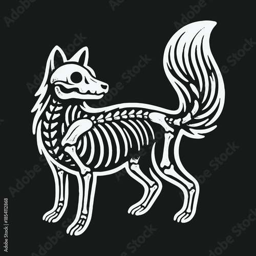 Stylized white fox skeleton illustration on black background.
