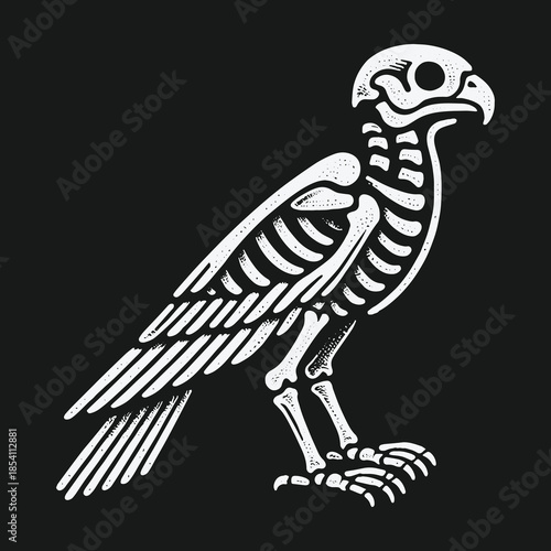 Stylized white eagle skeleton illustration on black background.