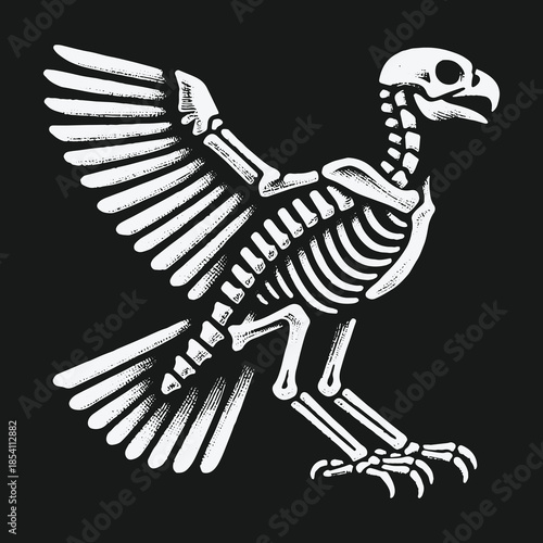 Monochrome graphic illustration of a bird of prey skeleton.