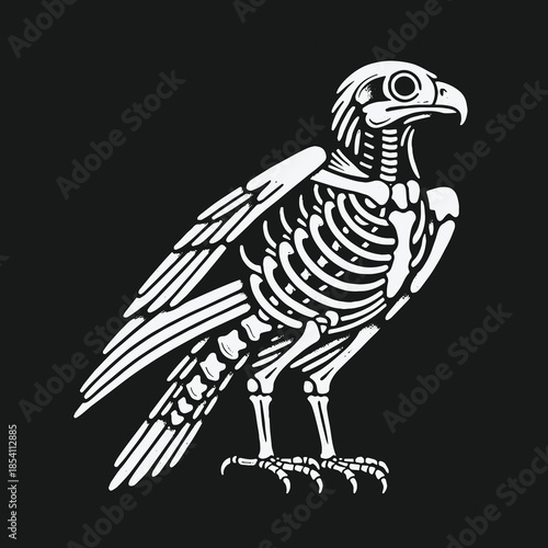 Monochrome illustration of a bird of prey skeleton standing.