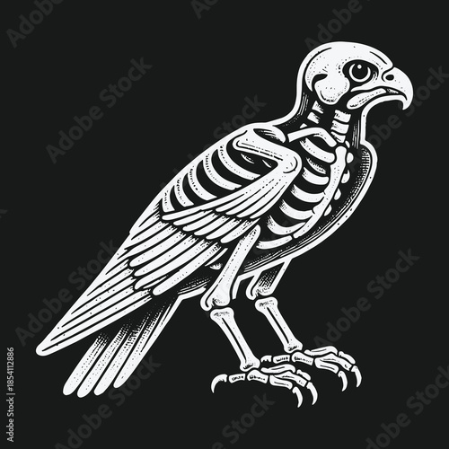 Monochrome anatomical illustration of a bird of prey skeleton.
