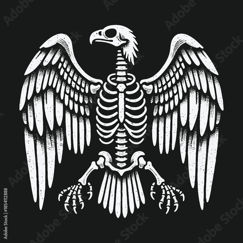 Monochrome illustration of a majestic eagle skeleton with wings spread wide.