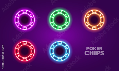 Neon poker chips of different colors. Bright glowing chips for casino and poker. Vector illustration.