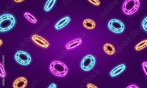 Seamless pattern for Casino or poker. Neon poker chips on dark background. Vector illustration.