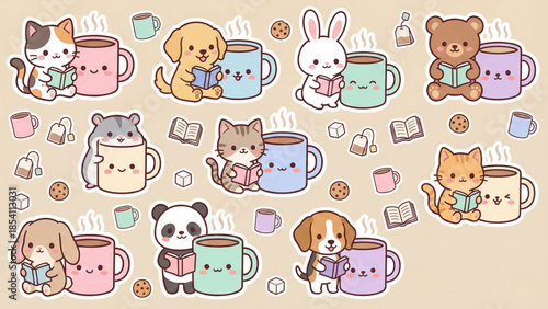 Cute Kawaii Animals Reading Books and Enjoying Hot Drinks with Cozy Vibes