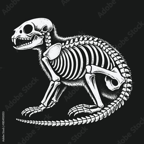 Monochrome anatomical drawing of a rat skeleton side view.