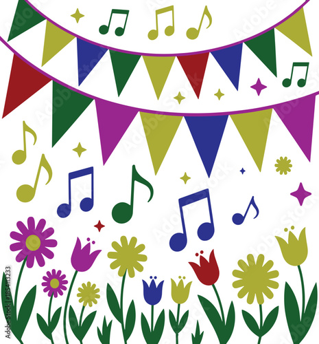 Colorful triangular bunting with musical notes and flowers on white background triangles vector illustration EPS png file download.