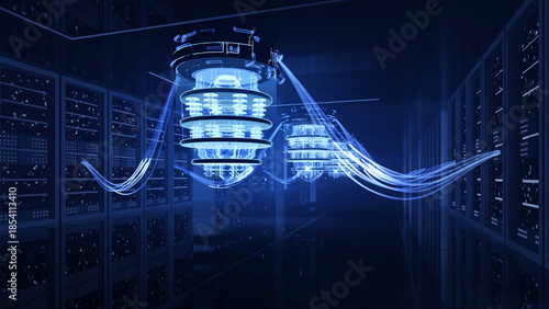 Quantum computer technology in server room with glowing data wires, Futuristic sci-fi scene of artificial intelligence, 3d rendering, Looping animation