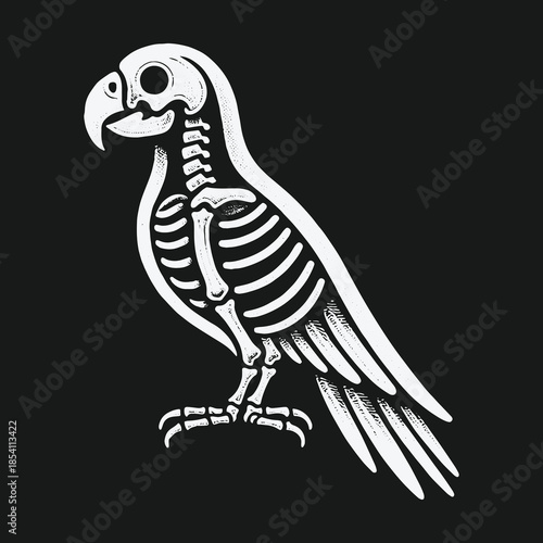 Stylized Parrot Skeleton Illustration on Black Background.